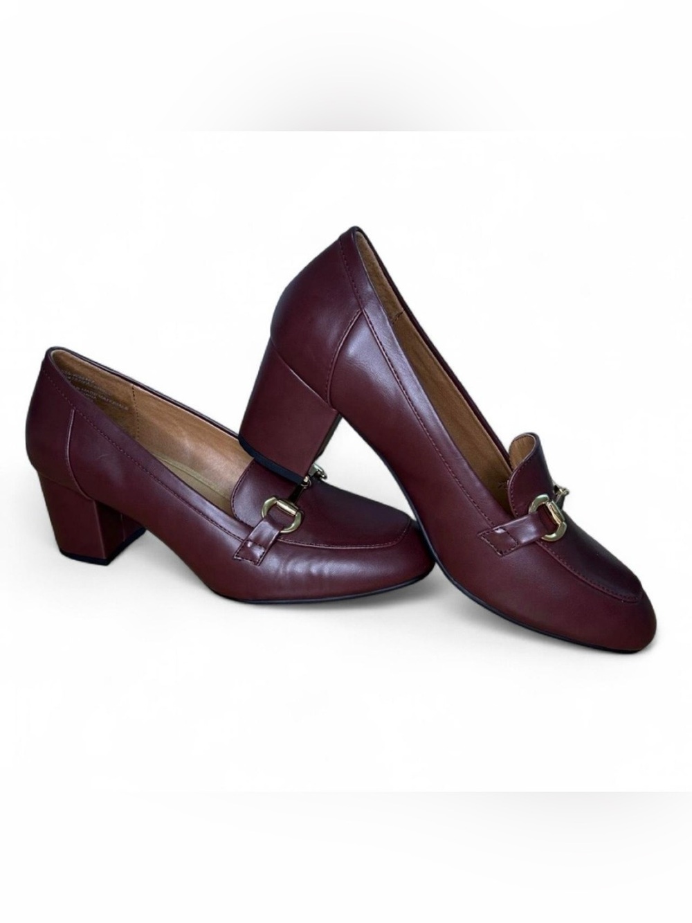 Women's Burgundy Leather Block Heel Loafers